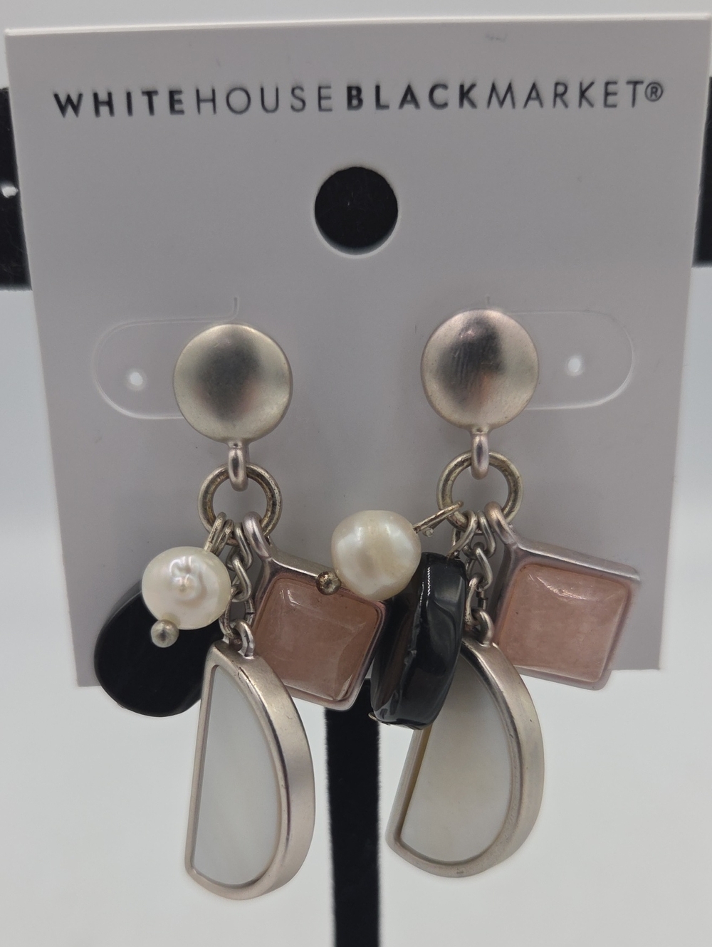 White House Black Market Pink, Black, Pearl and Silver Drop Charm Earrings